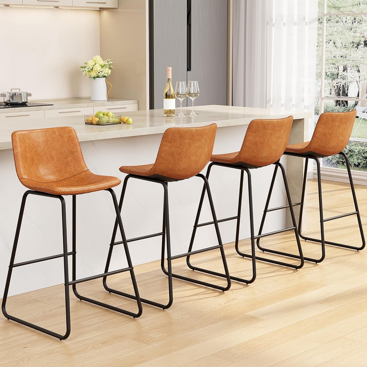 Bar Stools Set of 4, PU Leather Counter Height Bar Stools, 26" Modern Barstools with Metal Legs and Footrest, Urban Armless Dining Chairs with Backrest for Kitchen Island (Brown)