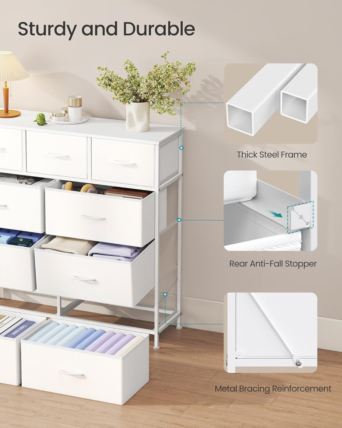 Dresser for Bedroom, Chest of Drawers, Steel, MDF, 9 Non-Woven Fabric Drawers, Storage Organizer Unit, Closet, Entryway, Cloud White and Snow White LGS324W01S