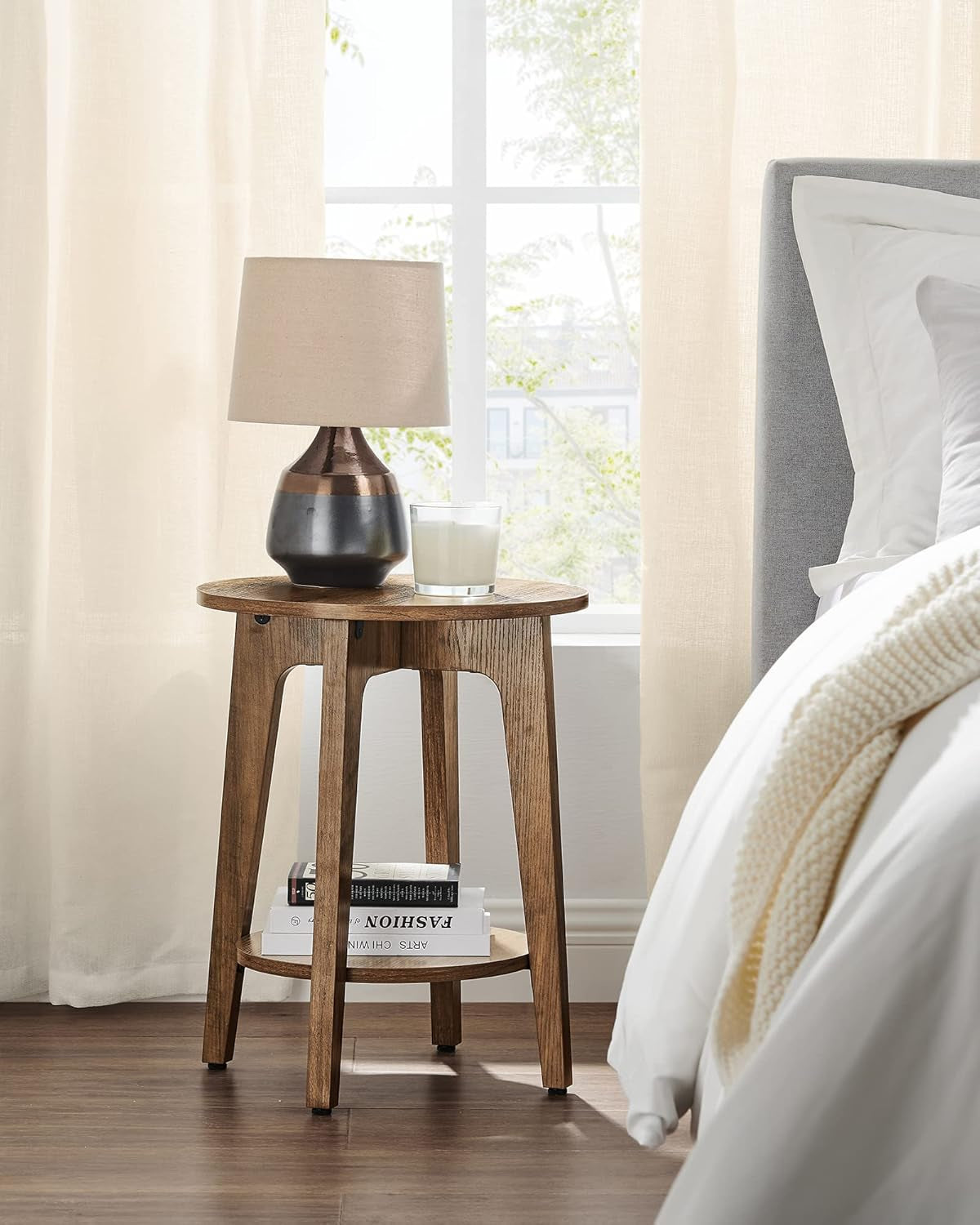 Side Table, Small round End Table with Lower Shelf, Nightstand for Small Spaces, Living Room, Bedroom, Greige ULET283T02