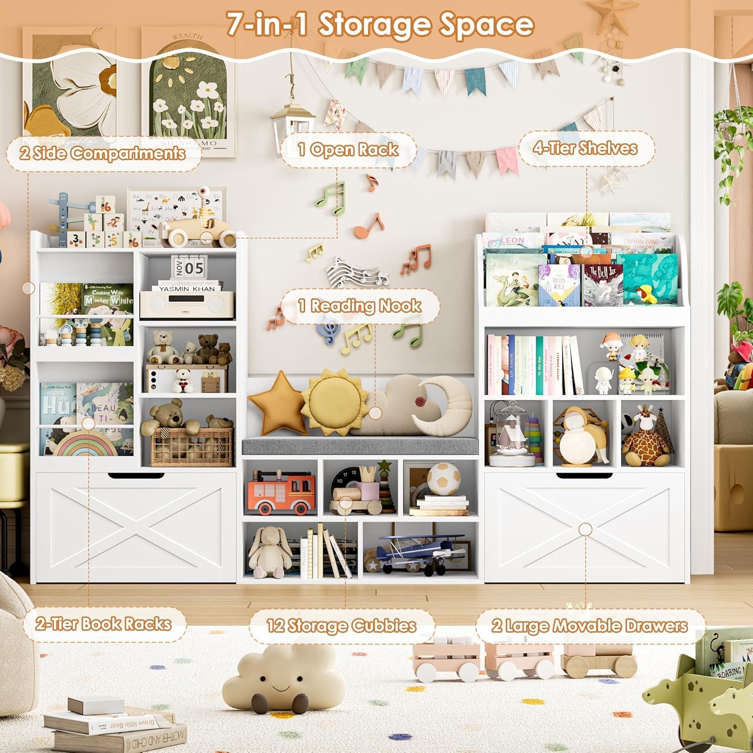 75” W Kids Bookshelf with Reading Nook, Large Toy Storage Toy Organizer with Seat Cushion and 2 Movable Drawers, Kids Reading Nook Kid Bench for Playroom Living Room, White