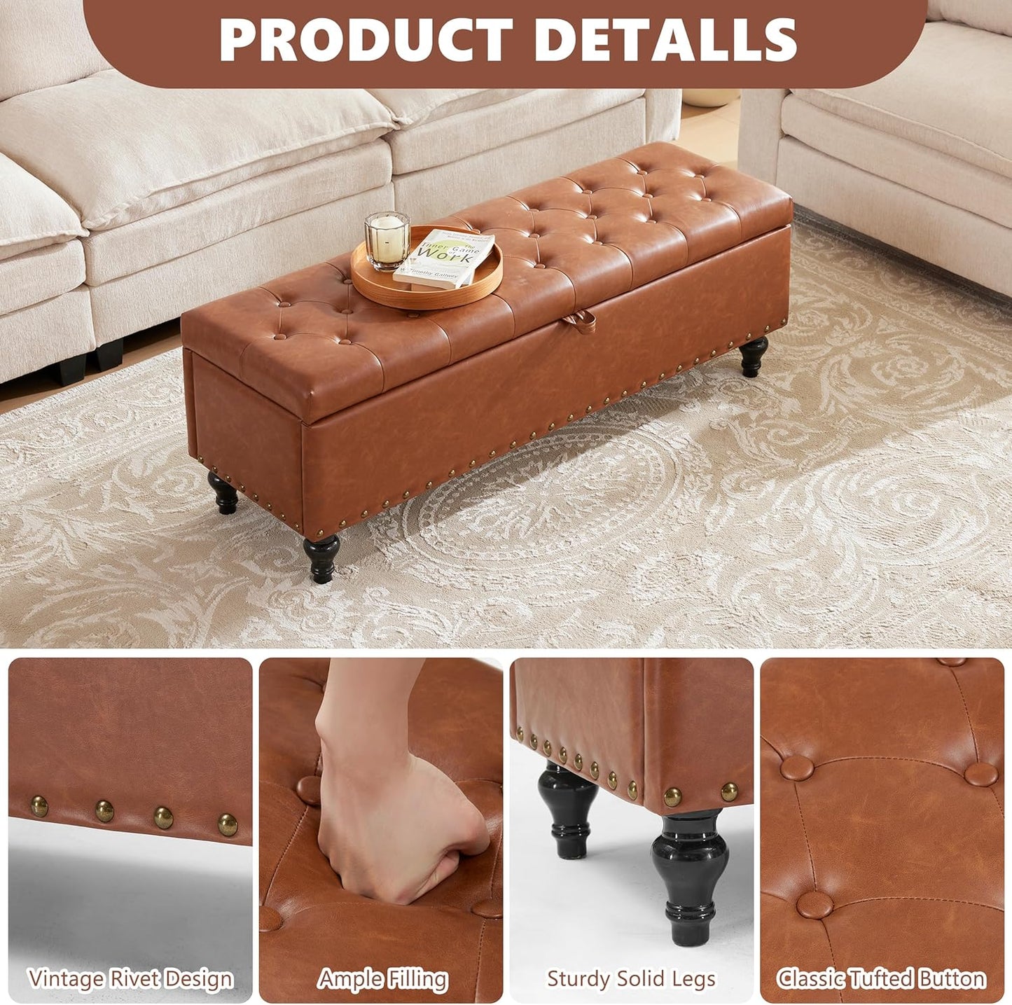 51.8’’ Storage Ottoman Bench, Faux Leather Ottoman with Storages, Window Benches Holds up to 330Lbs, Upholstered Storage Bench for Bedroom, Living Room, Entryway and Family Room, Light Gray