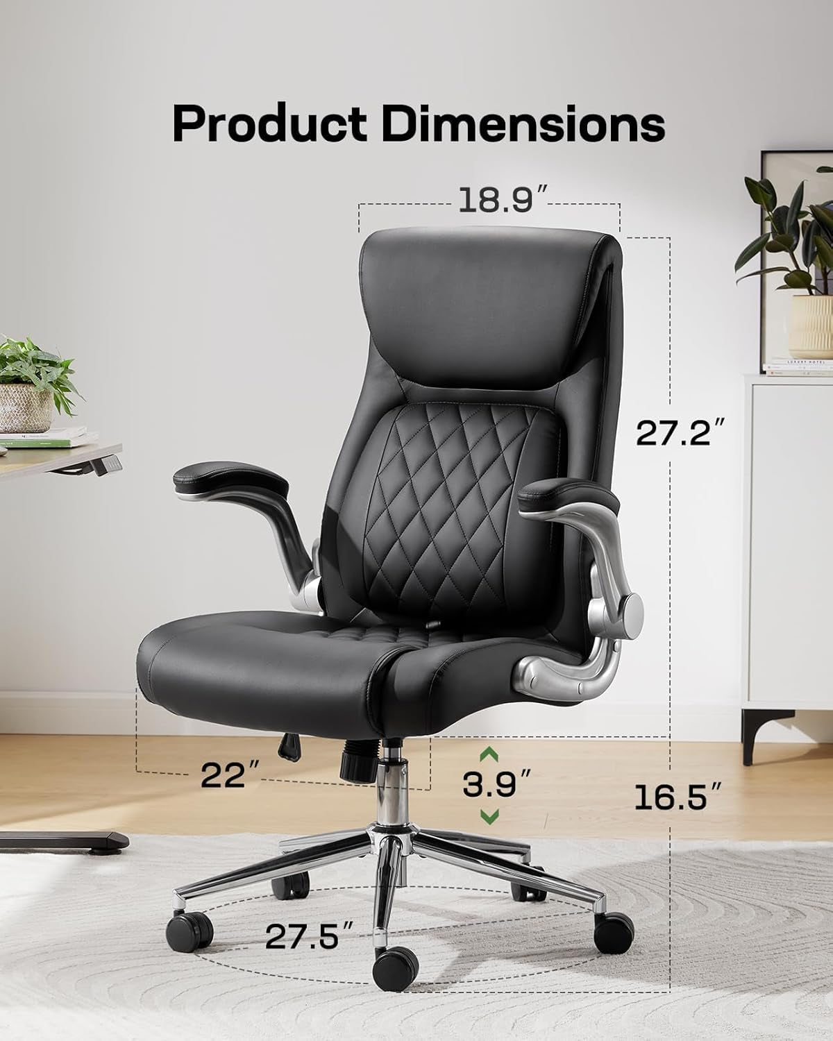 Ergonomic Pu-Leather Office Chair: 5 Settings Lumbar Support, Executive Office Chair Height Adjustable with Padded Flip-Up Arms, Executive Desk Chair for Working Study-Black