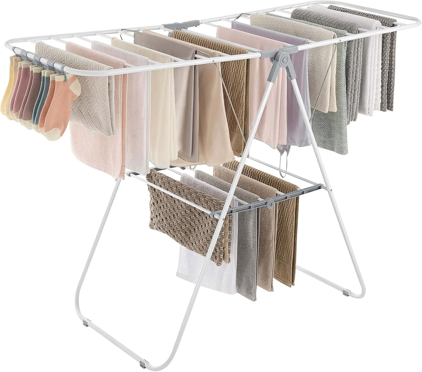 Clothes Drying Rack, with Sock Clips, Metal Laundry Rack, Foldable, Space-Saving, Free-Standing Airer, with 2 Height-Adjustable Gullwings, Indoor Outdoor Use, Silver and Blue ULLR52BU