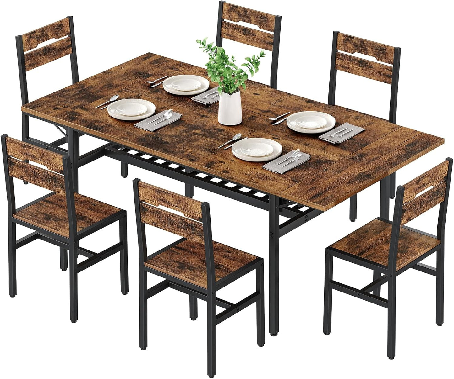 7-Piece Dining Table Set for 4-6, 63" Extendable Kitchen Table and 6 Chairs, Rectangle Dining Room Table Set for 6 with Wine Rack for Small Saving Space, Rustic Brown and Black