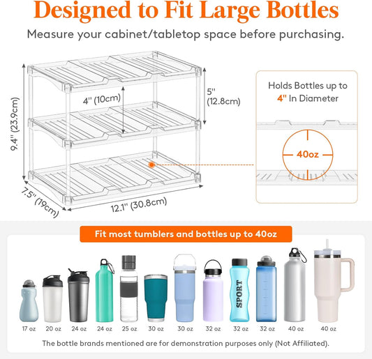 Stackable Water Bottle Storage Organizer, Clear Freestanding Wine Bottle Holder for Cabinet, Tumbler Cup Organizer, Plastic Large Compartment Wine Rack for Fridge Cellar, 3Tier Hold 9