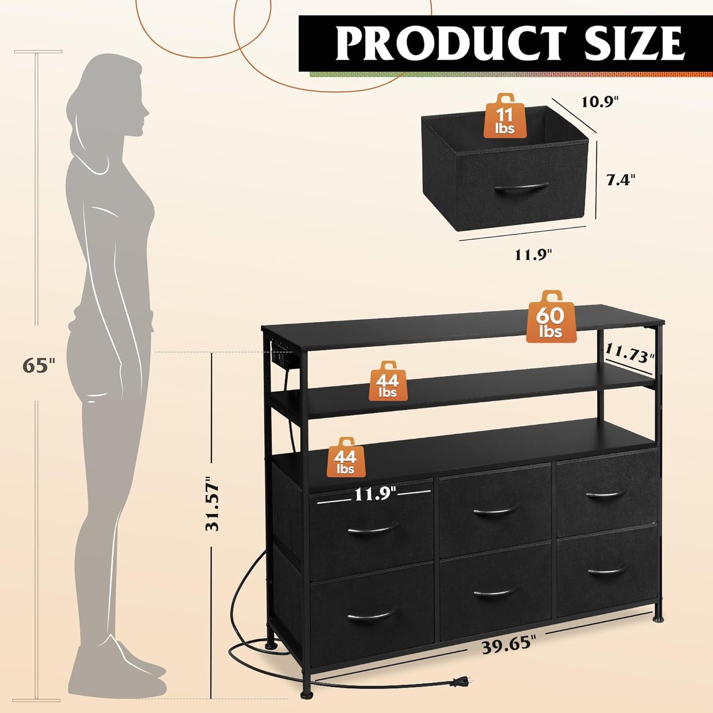 Black TV Stand for 40, 45 Inch TV, Entertainment Center with LED Lights & Charging Station, TV Media Console Table with 6 Fabric Drawers and Open Shelves for Living Room, Hallway, Wood Top