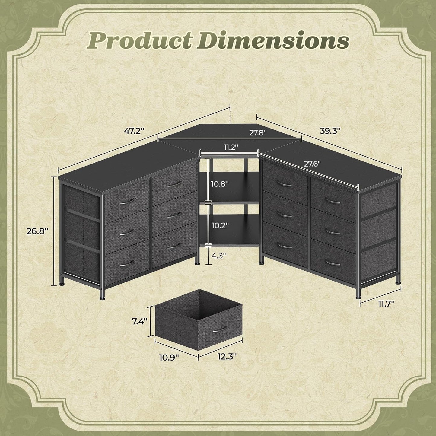 48 Inch Black Dresser for Bedroom, Corner TV Stand for 43, 55 Inch TV, L Shaped Chest of Drawer with Storage and Open Shelves, 12 Drawer Fabric Dresser for Closet, for Small Place