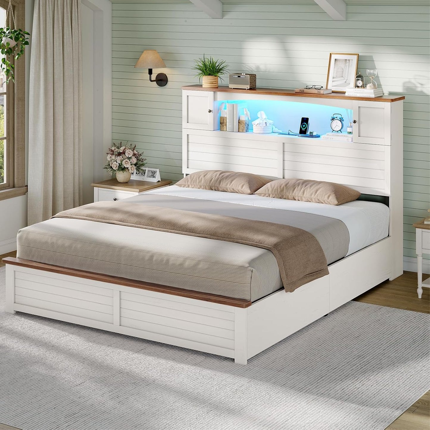 Farmhouse Bed Frame Full Size with Bookcase and Storage Cabinets Headboard, Wood Platform Bed with LED Lights, Charging Station, 4 Drawers, Decoration Footboard, No Box Spring Needed, White