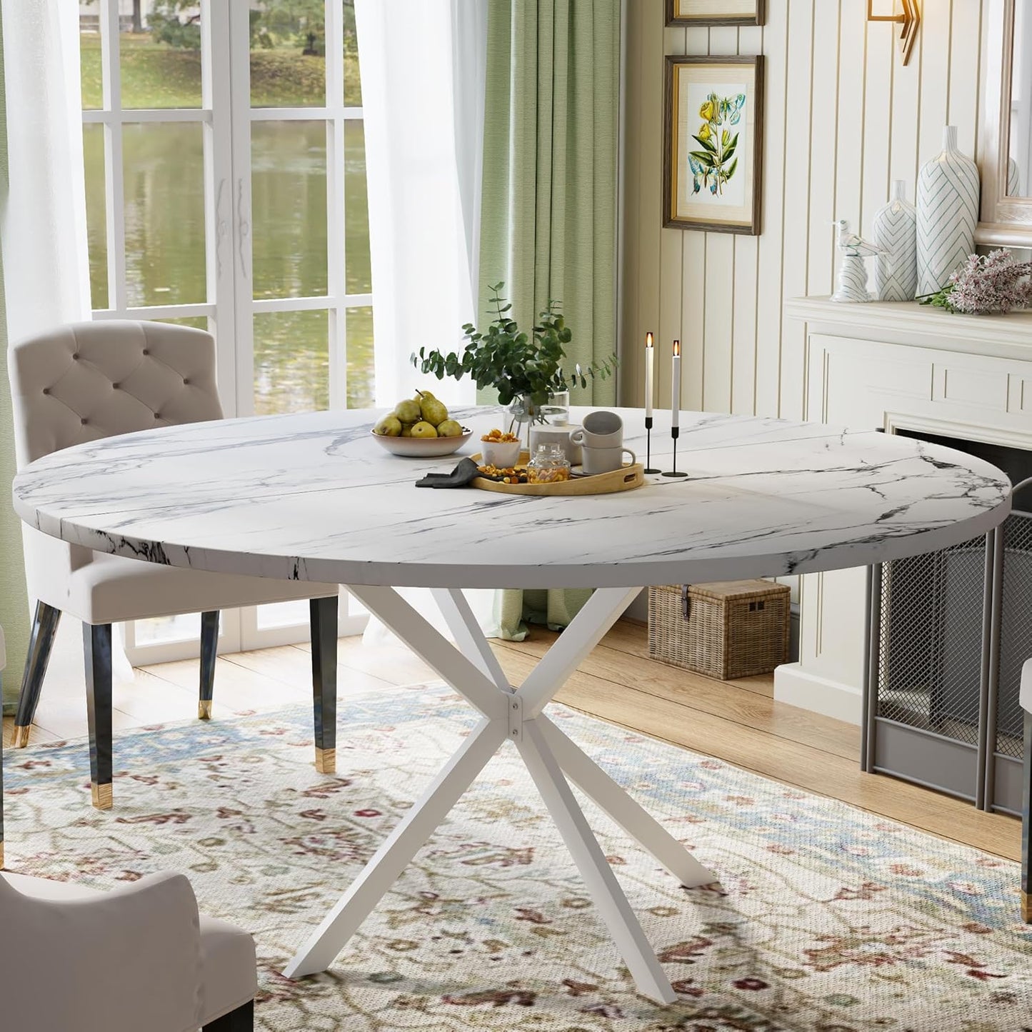 47.24" round Dining Table for 4-6 Person, round Kitchen Table with Wood Top, Circle Dinner Pedestal Tables with Metal Legs for Dining Room Kitchen (White Marble)