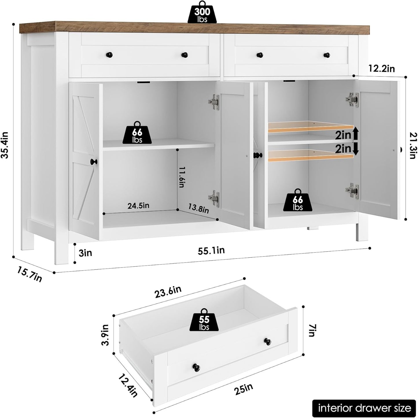 55" Buffet Sideboard Cabinet with Storage, Modern Farmhouse Coffee Bar with Drawers and Shelves, Barn Doors Storage Cabinet for Kitchen, Living Room, White