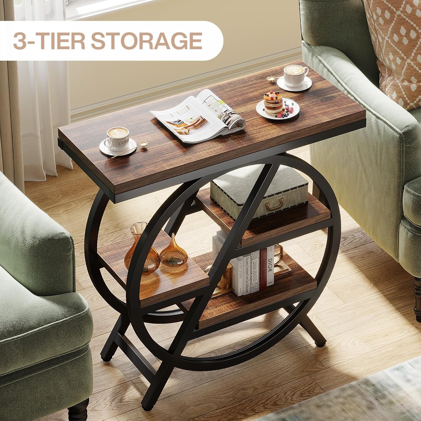 End Table for Living Room, 3-Tier Narrow Side Table with Storage, Wood Sofa Side Table with Geometric Metal Frame, Industrial Nightstand and Bedside Table for Bedroom