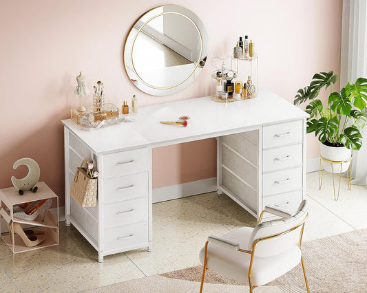48 Inch White Computer Desk with 8 Fabric Drawers, Modern Office Desk with Large Storage for Home Office, Study, Gaming, White