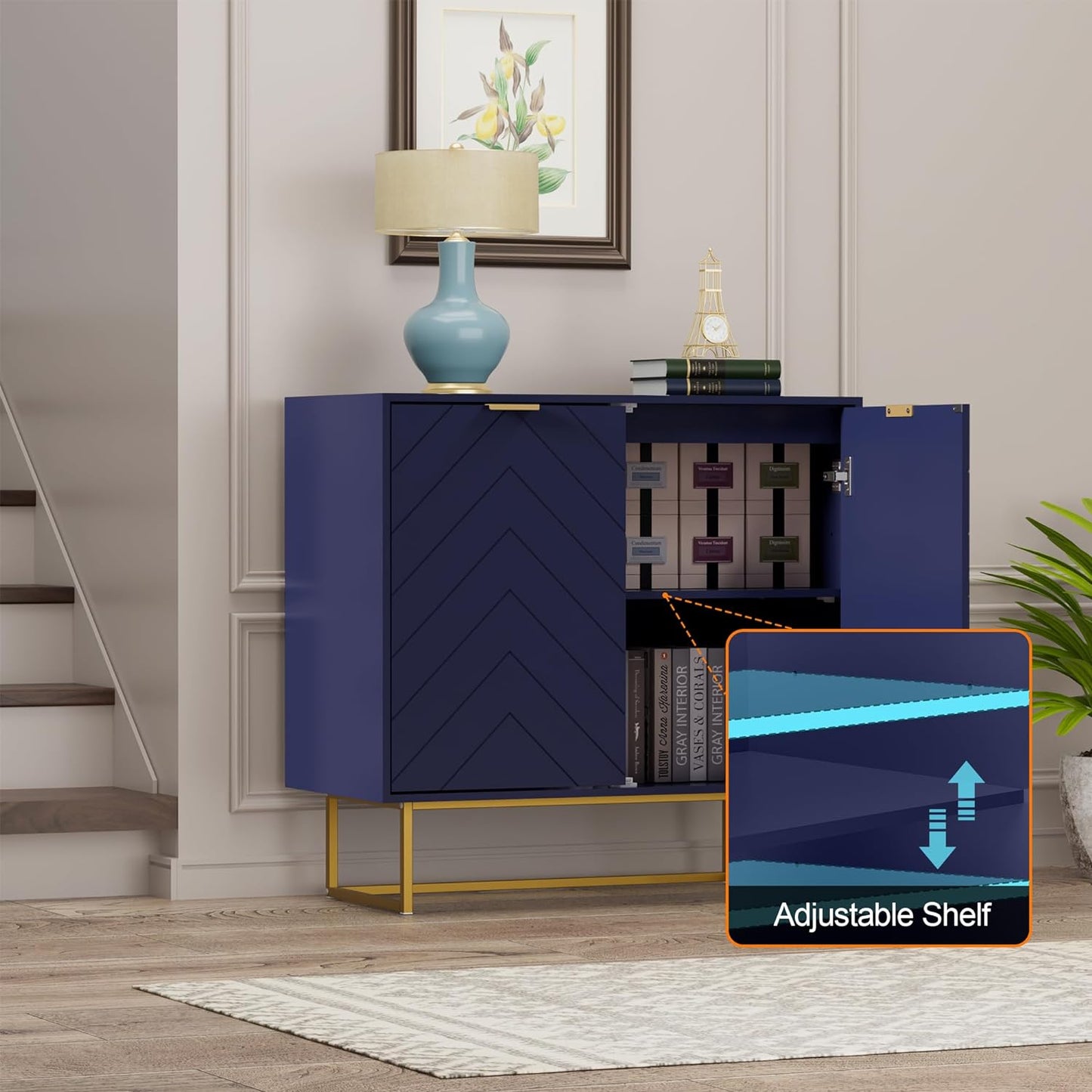31.5'' Sideboard Buffet Cabinet with Storage, Navy Blue Accent Cabinet with Doors & Adjustable Shelf for Living Room & Kitchen (2 Doors)