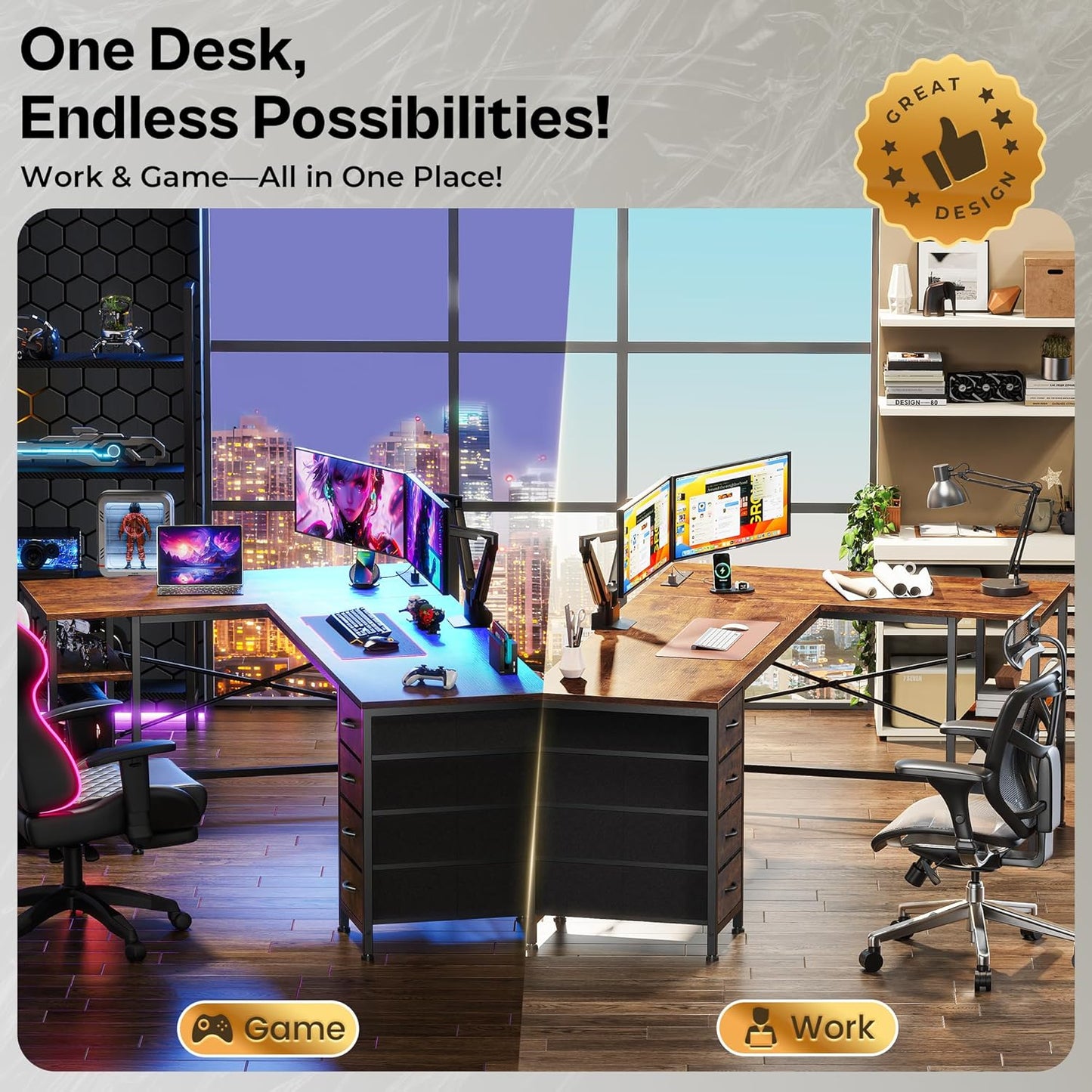 63 Inch L Shaped Desk with Fabric Drawers, Computer Office Desk with Power Outlets and USB-C Port, Corner Desk with Storage Shelves, for Gaming Work Study Home Office, Reversible, Rustic Brown