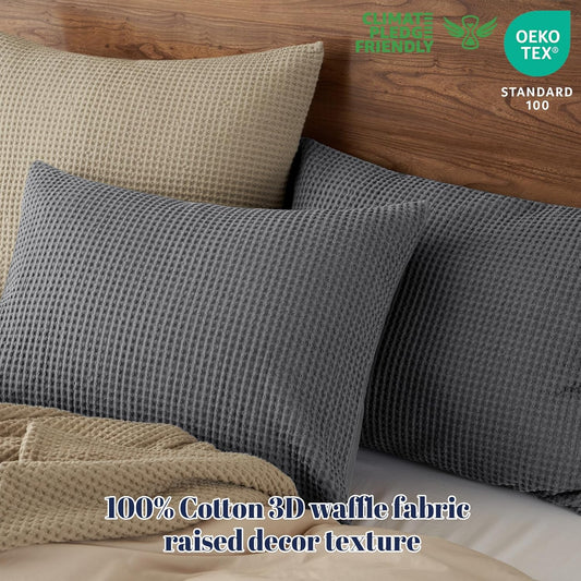100% Cotton Waffle Pillow Shams King Size, 2 Pack 20" X 36" Soft Skin-Friendly and Breathable Pillowcases, No Filling, Aesthetic Woven Waffle Weave Pillow Covers for Bed, Charcoal Grey