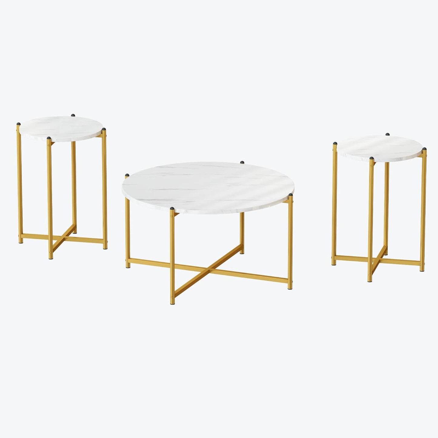 Coffee Table Set of 3,Modern Faux Marble Top with Golden Frame,1 Coffee Table & 2 Accent Table, Living Room Table Set, for Apartment,Office and so On,White & Gold (LCTR-W)