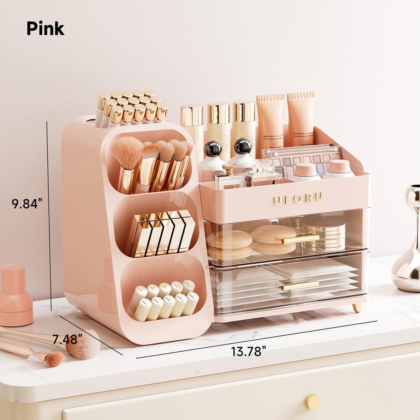 Makeup Organizer for Vanity with Brush Holder, Countertop Organizer with 2 Drawers, Spacious Cosmetic Display Case for Beauty Essential, Skincare, Lipstick