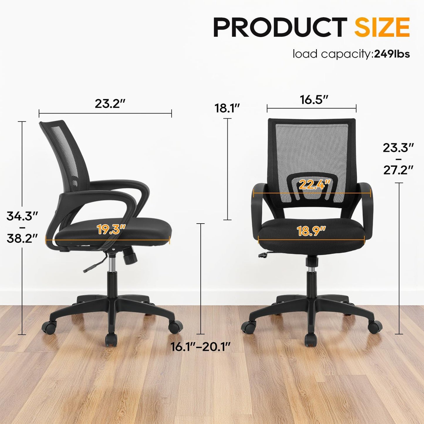 | Ergonomic Office Chair | Mid-Back Swivel Desk Chair | Breathable Backrest & Lumbar Support | Adjustable Height | Sponge Seat | Rolling Wheels | Dark Black | for Adults & Women