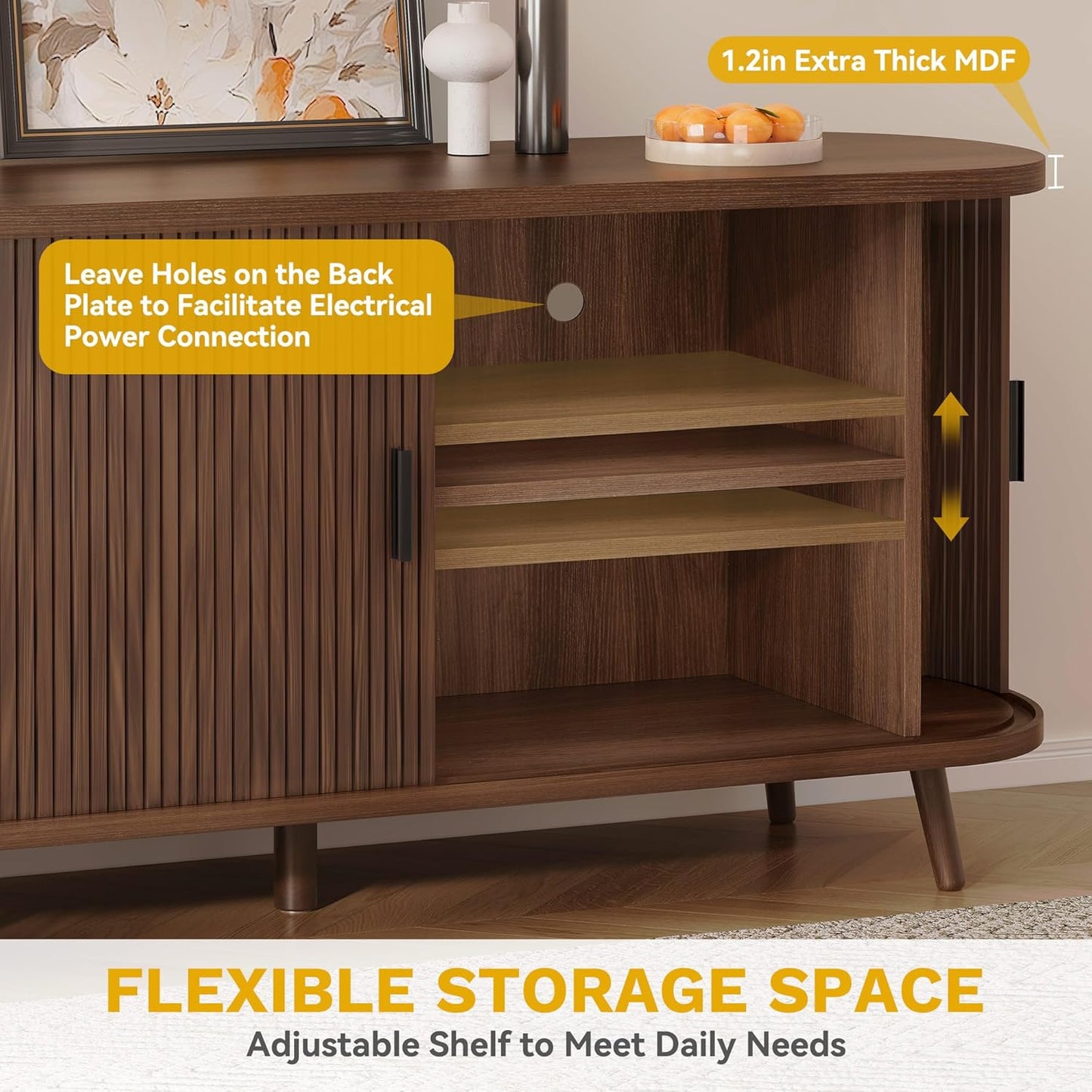 Fluted Sideboard Buffet Cabinet with Storage,54.3" Wide Curvy Edge Accent Storage with Sliding Door & Adjustable Shelf, Mid Century Modern Console for Living Room, Kitchen, Hallway-Walnut