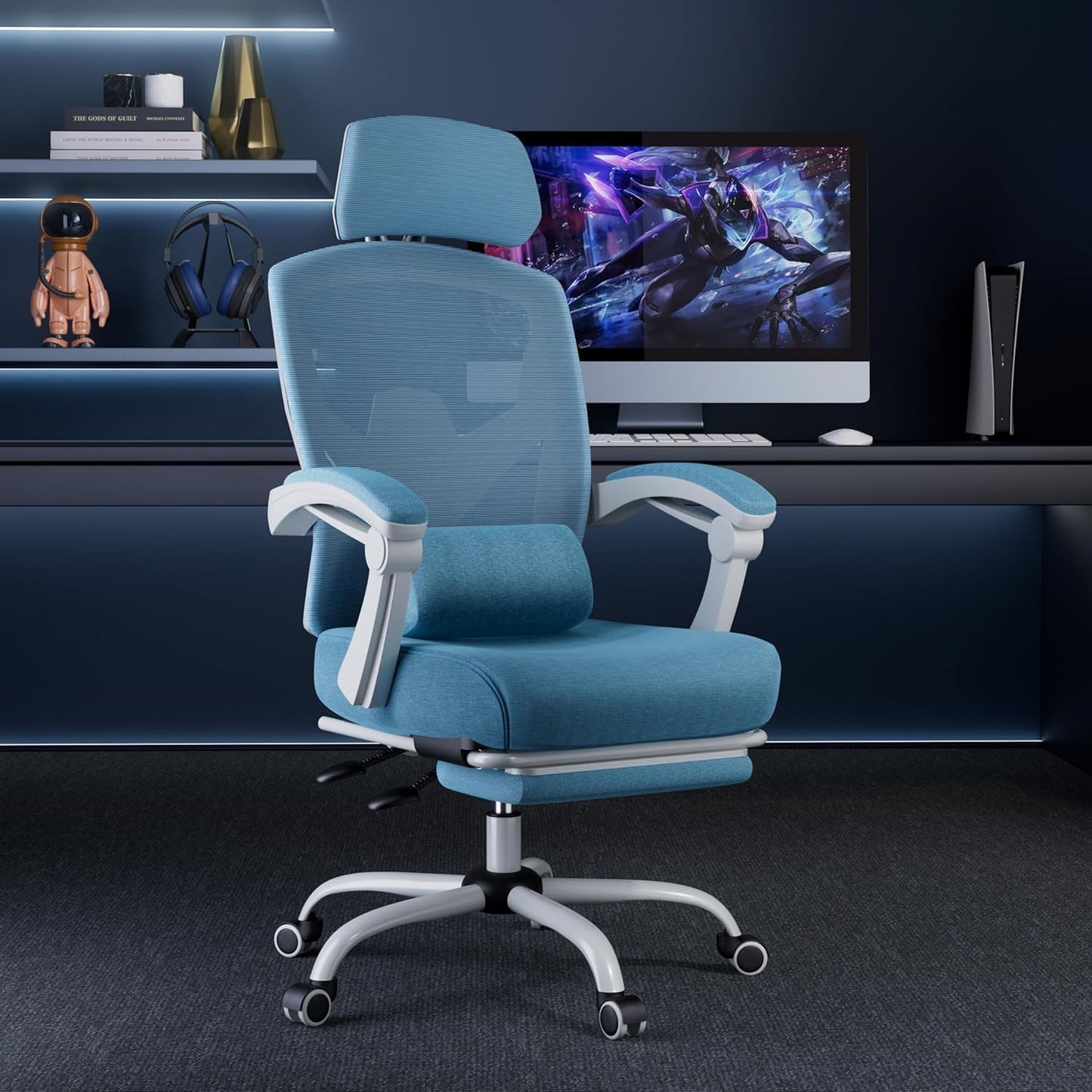 Home Office Desk Chair with Footrest, High-Back Mesh Rolling Swivel Reclining Chairs with Wheels, Comfortable Headrest, Lumbar Support, Comfy Arms