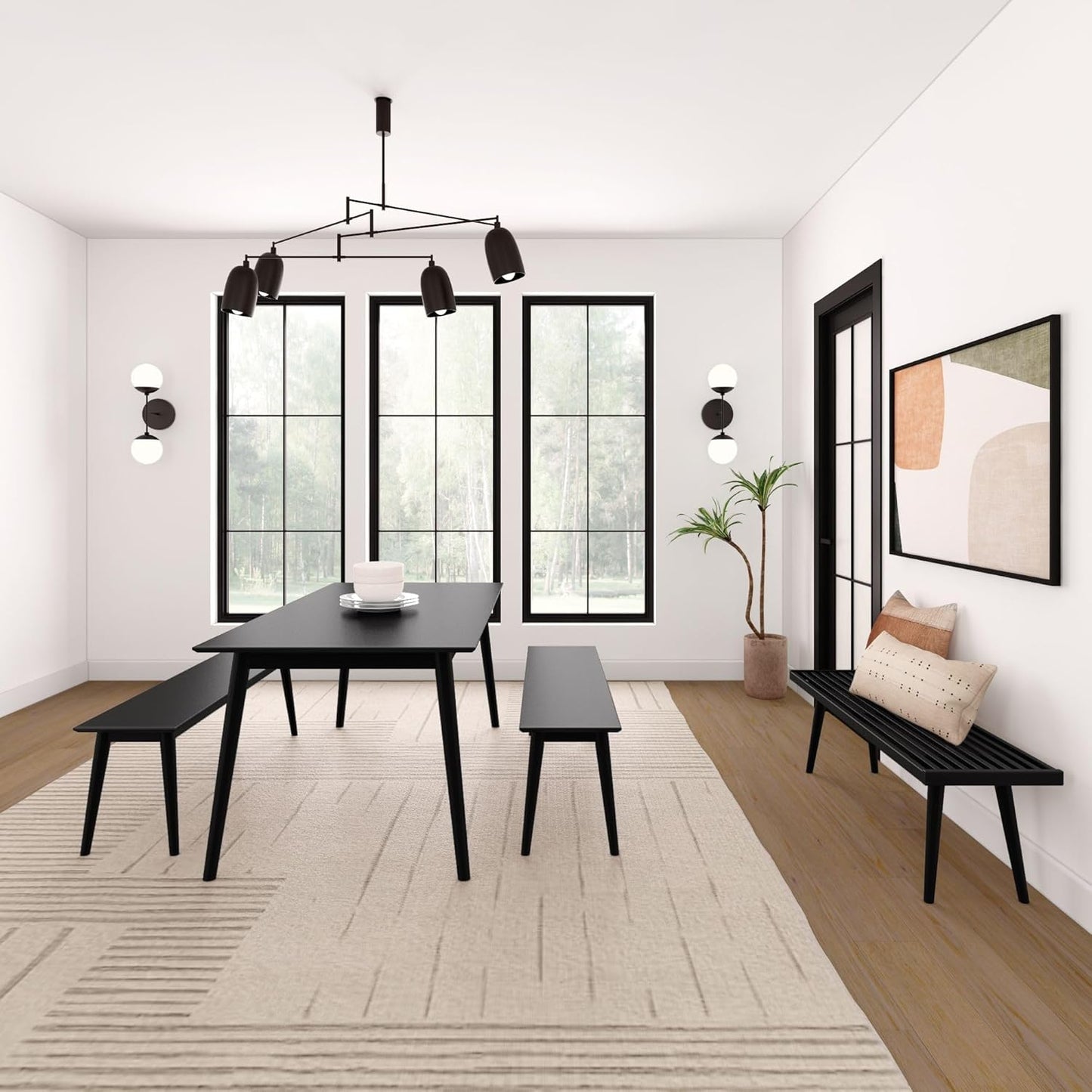 72 Inch Mid Century Modern Dining Table, Solid Wood Kitchen & Dining Room Table for 6, Minimalist Table for Dining Room, Rectangular Dinette Table, Black