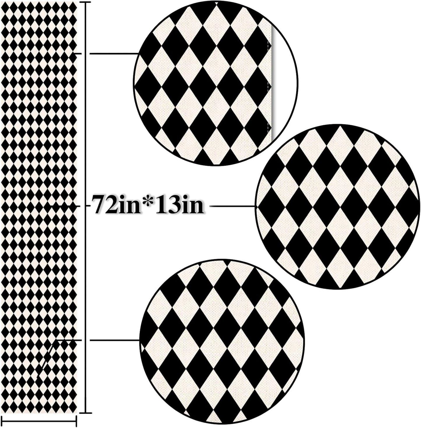Black White Diamond Table Runner Tea Themed Party Decoration Picnic Holiday Harlequin Checkered Table Cover for Kitchen Dining Room 72Inches Long
