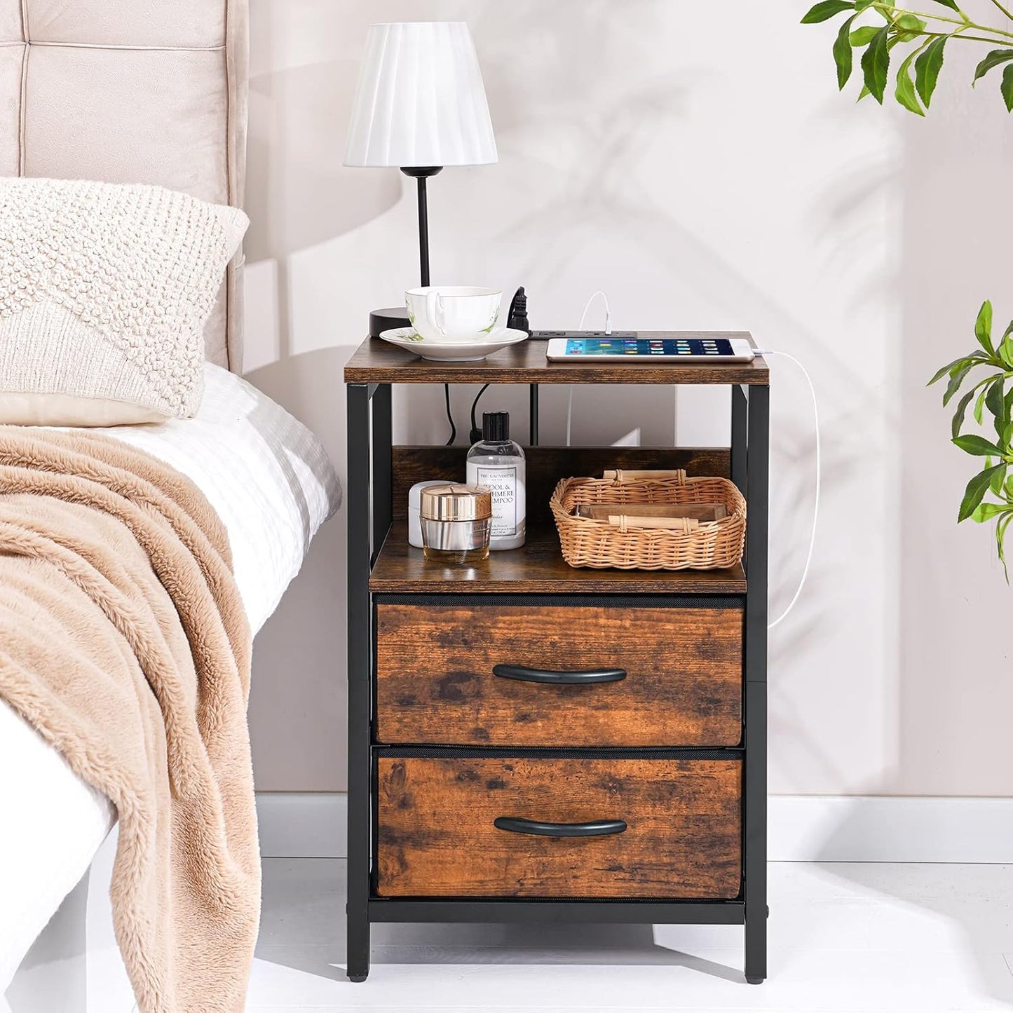 Nightstand with Charging Station, Small Night Stand with Fabric Drawers and Storage Shelf for Bedrooms, Small Spaces, Bedside Table with USB Ports & Outlets