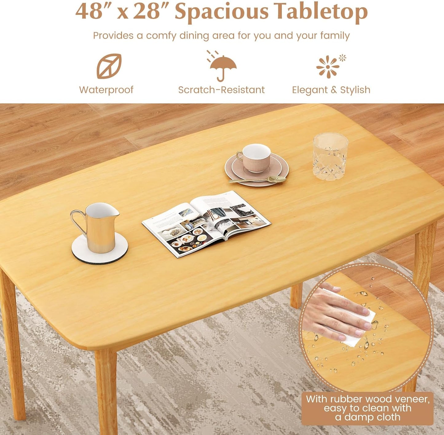 Rectangular Dining Table, Mid Century Modern Kitchen Table, Vintage Coffee Table W/Tabletop & Solid Wood Legs, Wood Farmhouse Table (Natural)