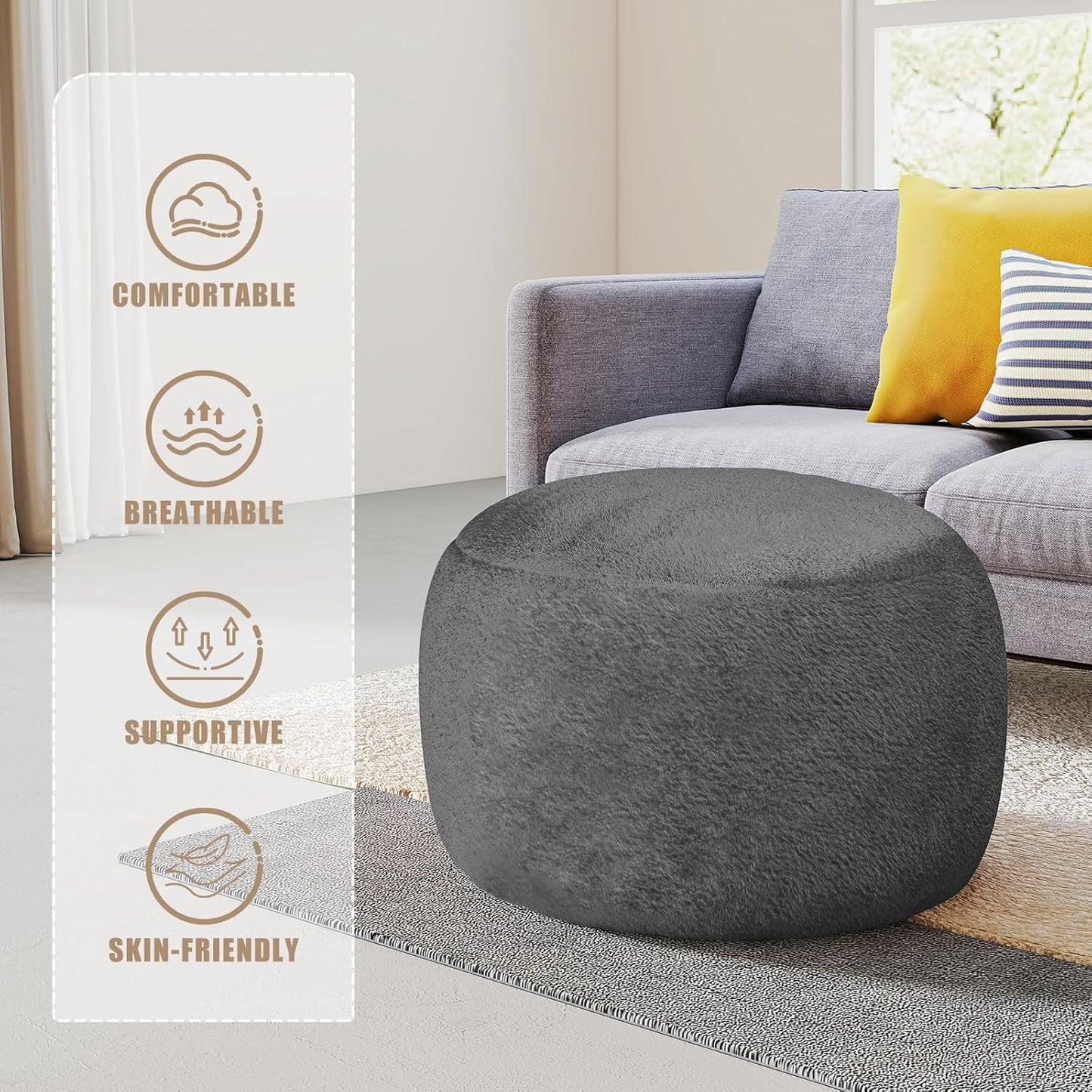 Round Pouf Ottoman Foot Rest, 29 X 18Inch Floor Poufs Footstool, a round Modern Foam Filled Foot Stool for Living Room, Home, Nursery, Dorm (Grey, 29Inch)