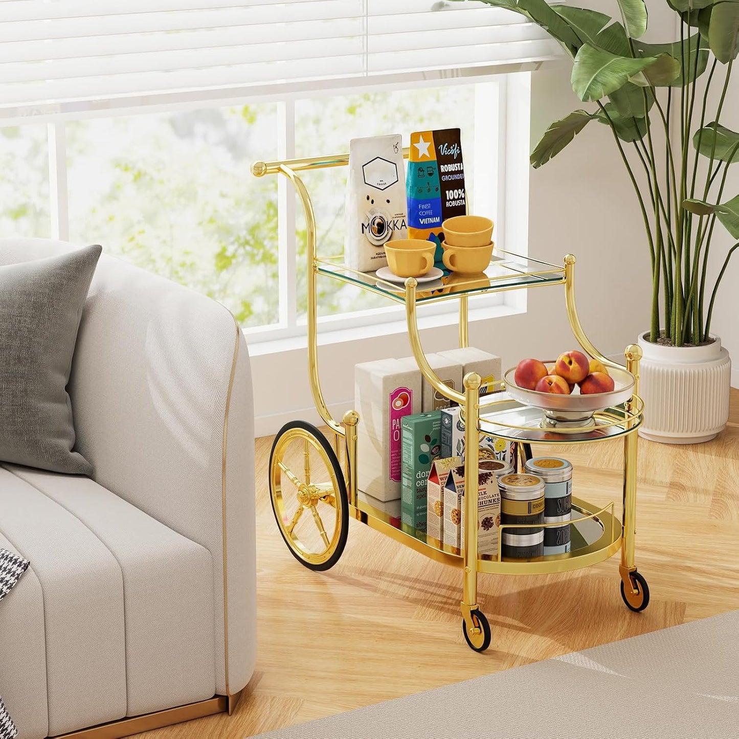 Bar Cart, 3-Tier Rolling Home Bar Serving Cart with Mirrored Shelves & 4 Wheels, Mobile Beverage & Wine Cart for Kitchen, Dining Room, Living Room (Gold)