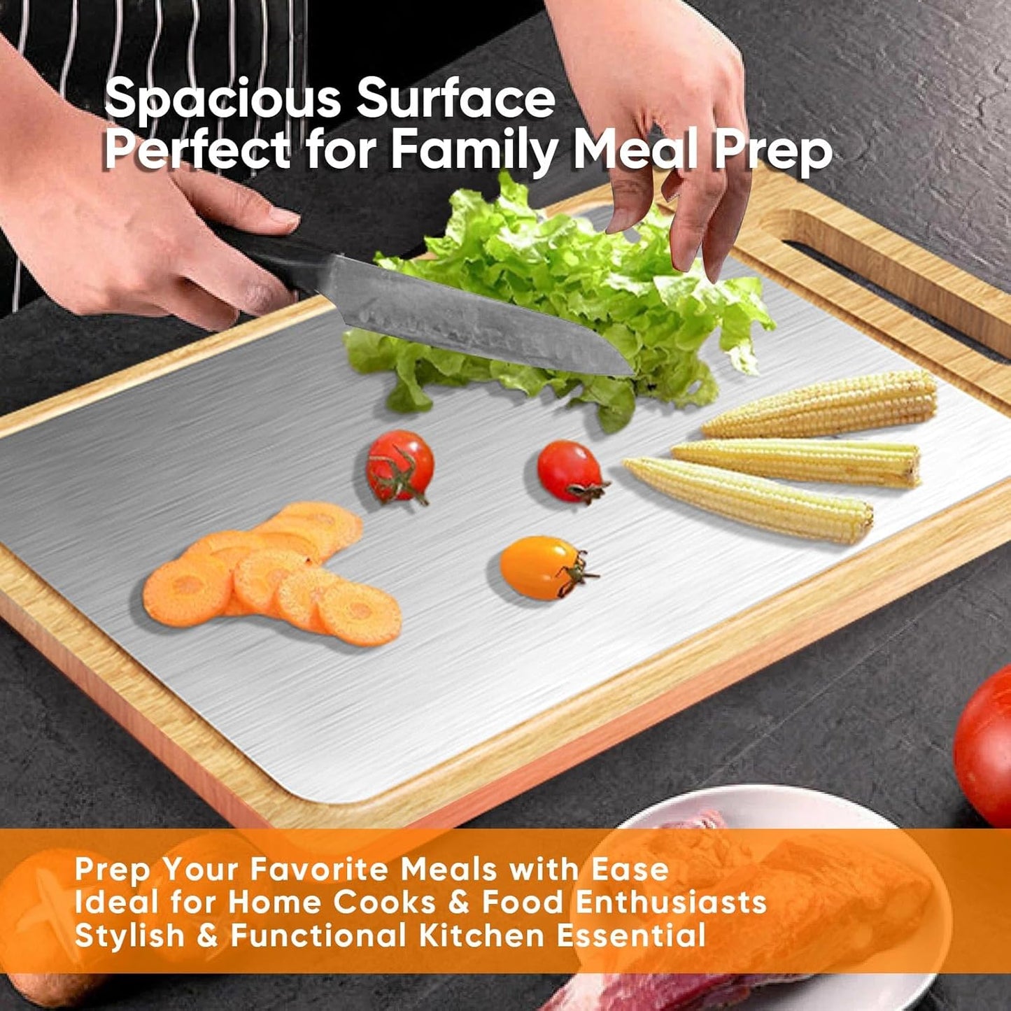 Titanium Cutting Board, Double Sided Titanium/Bamboo Wood Large Chopping Boards with Juice Groove Cutting Pads for Meat, Vegetables and Fruits