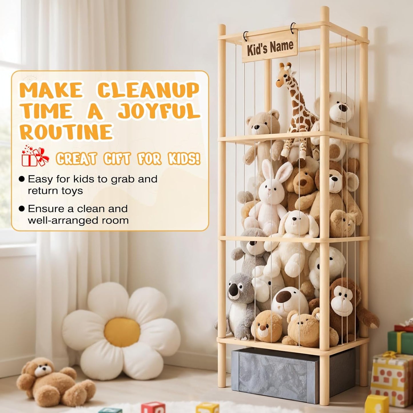 Stuffed Animal Storage with Tiny Toys Tray, 57In Large Wooden Stuffy Plushies Storage Holder Extra Large Capacity Stuffed Animals Zoo Organizer for Toddler Rooms, Playrooms & Bedrooms
