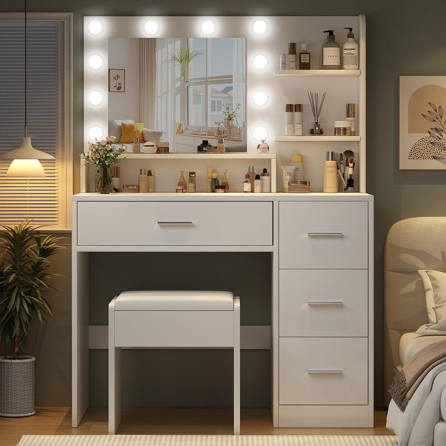 White makeup vanity desk with lighted mirror and three level storage, view 7