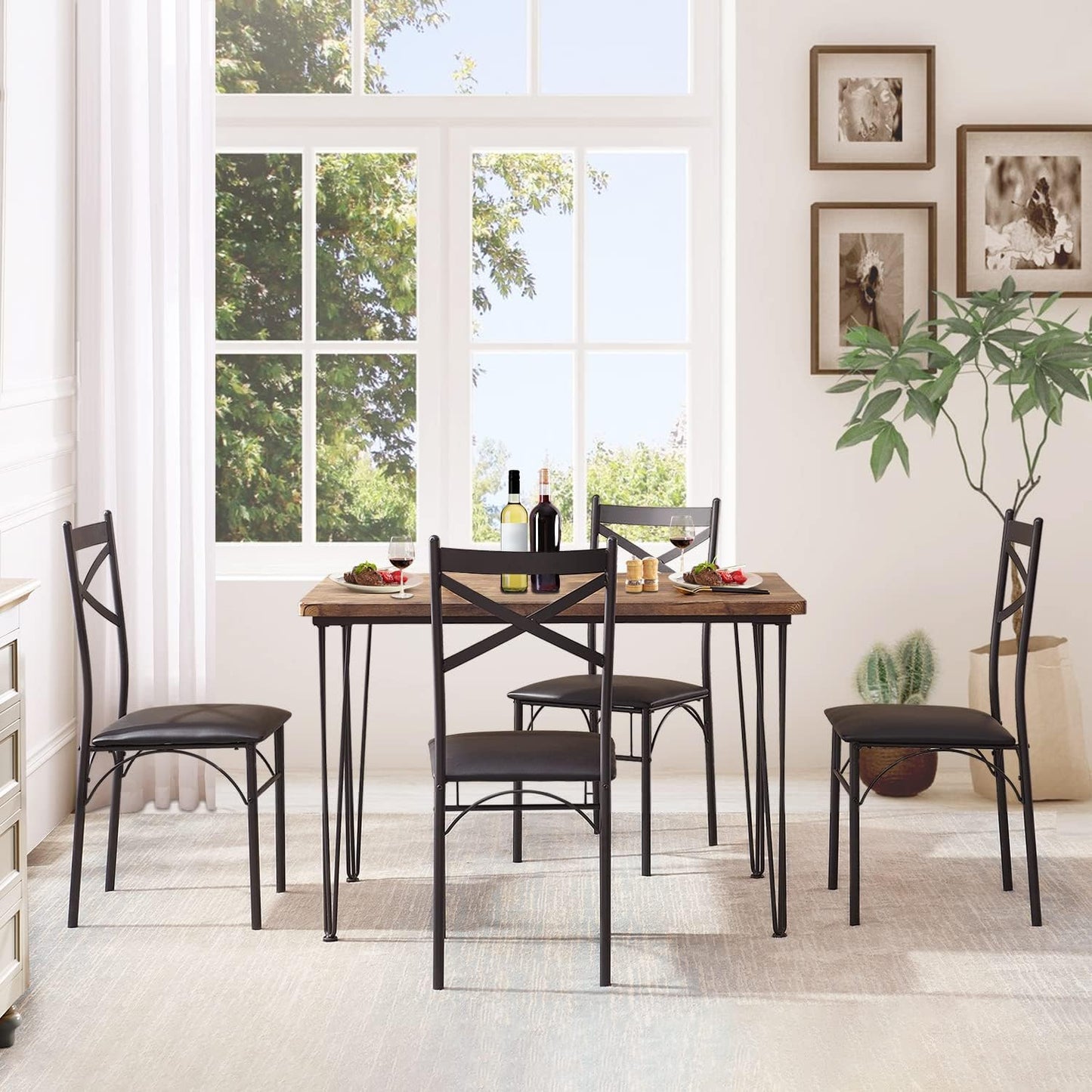 5-Piece Dining Table Set for Home Kitchen Small Space Breakfast Nook, 4 Faux Leather Metal Frame Chairs, Retro Brown
