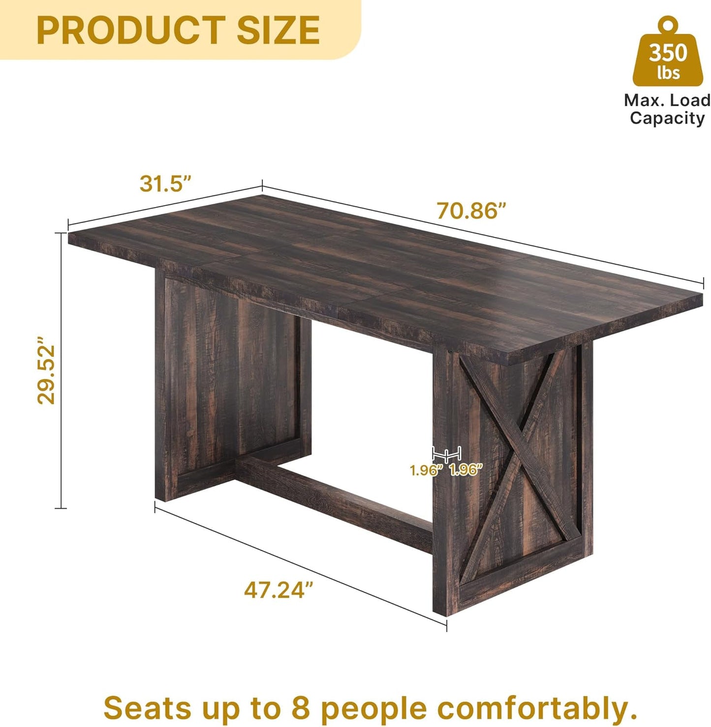 70.8" Large Farmhouse Dining Table for 6 to 8 People, Rustic Style Wood Dinner Table, Rectangular Dining Table for Kitchen, Dining Room & Living Room