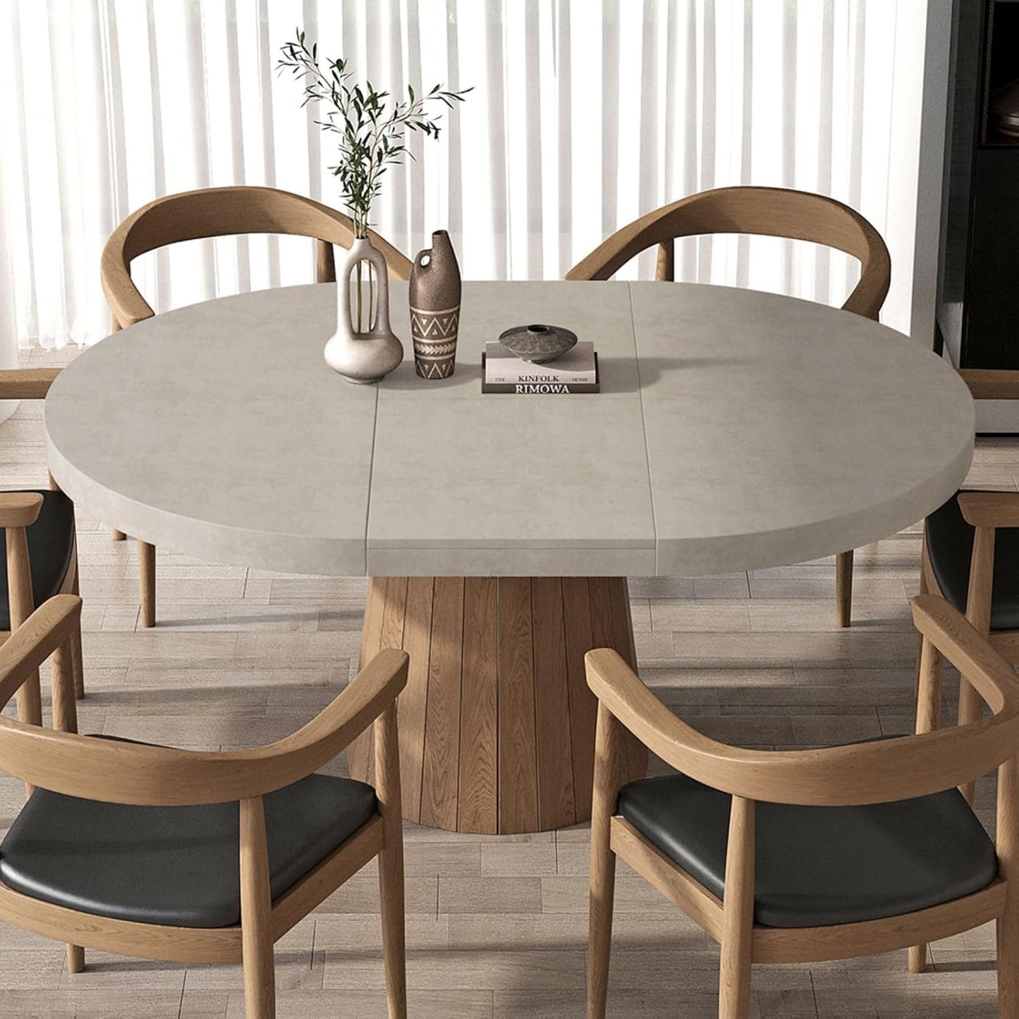 round Extendable Dining Table with Pedestal Base, 39"-55" Expandable Dining Room Table Oval Kitchen Dinette Table for 4-6 (Gray & Walnut)