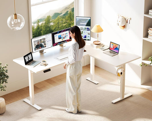 63 Inch Electric L-Shaped Standing Desk, Reversible Corner Desk with Height Adjustment, Large Ergonomic Workstation for Home Office, Reception Room, White