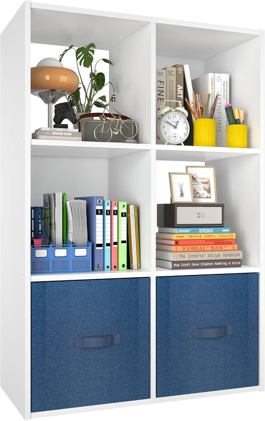 Stackable 6 Cube Storage Organizer: Wood Cubes Shelf Fits Cubby Bins - Square Cubicle Bookshelf Cabinet for Closet Bedroom - Open Storage Shelf for Toy Clothes Book Organization, White