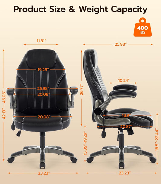 Office Desk , Ergonomic Computer with Padded Flip-Up Arms and Adjustable Lumbar Support, PU Leather Executive with Tilt Lock and 360° Swivel Rolling Wheels for Work, Study
