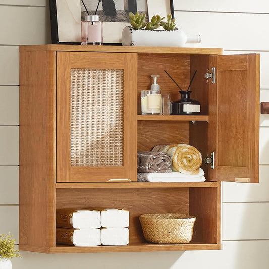 Rattan Bathroom Wall Cabinet, Boho Medicine Cabinet with Adjustable Shelf & Doors, over the Toilet Storage Cabinets Organizer for Laundry Room, Kitchen, Living Room, Tea Brown