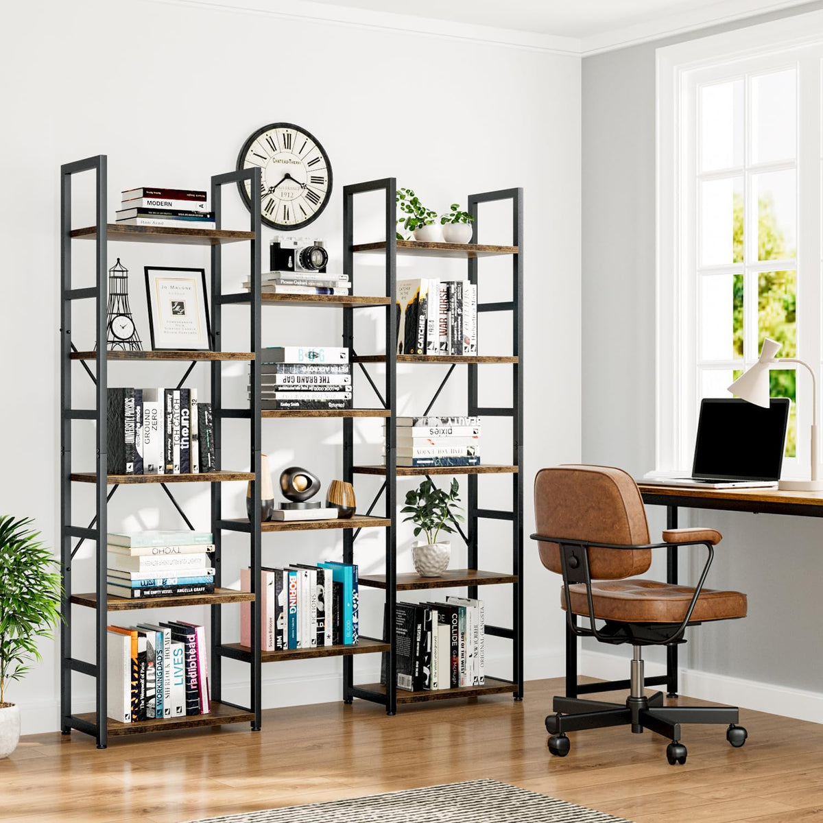 Vintage rustic industrial 5 tier bookshelf with 14 open shelves, view 7