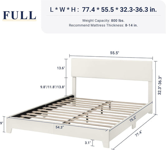 Full Size Bed Frame with Adjustable Headboard, Faux Leather Platform Bed with Wood Slats, Heavy Duty Mattress Foundation, No Box Spring Needed, Noise-Free, Easy Assembly, White