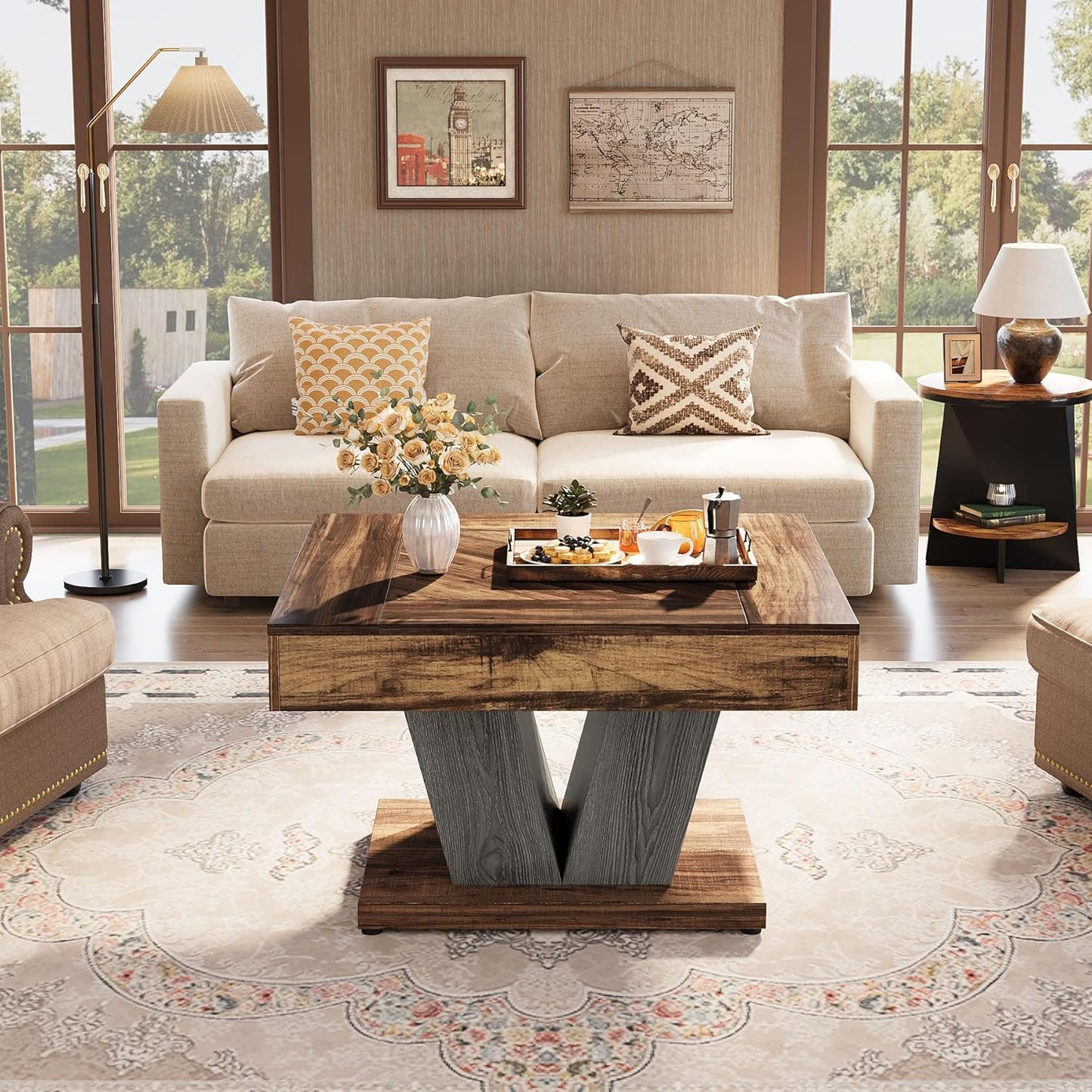 Square Coffee Table, Wood Center Table for Living Room, 31.5" Modern Cocktail Tea Accent Table, Rustic Brown & Black