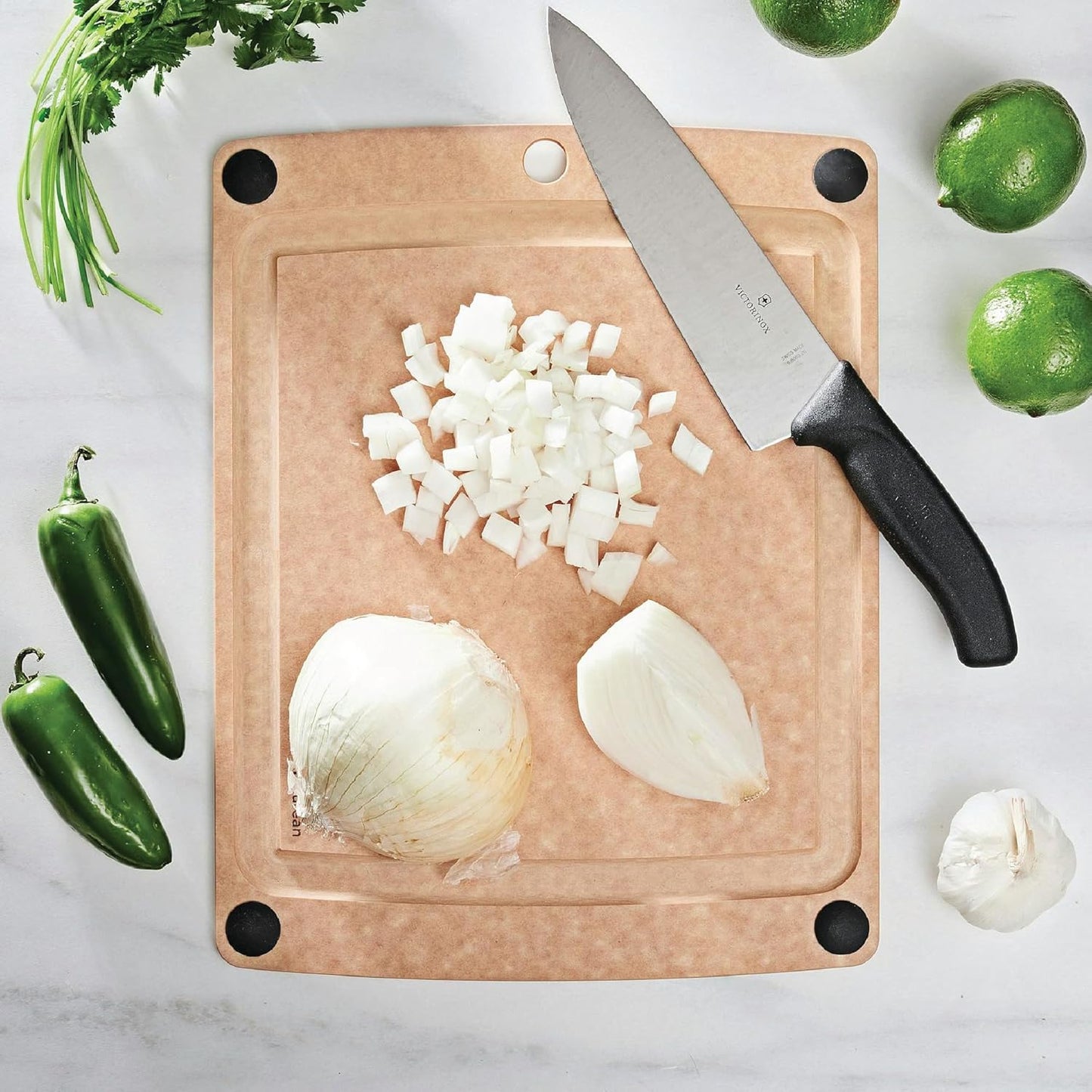 All-In-One Cutting Board with Non-Slip Feet and Juice Groove, 14.5" × 11.25", Natural/Black