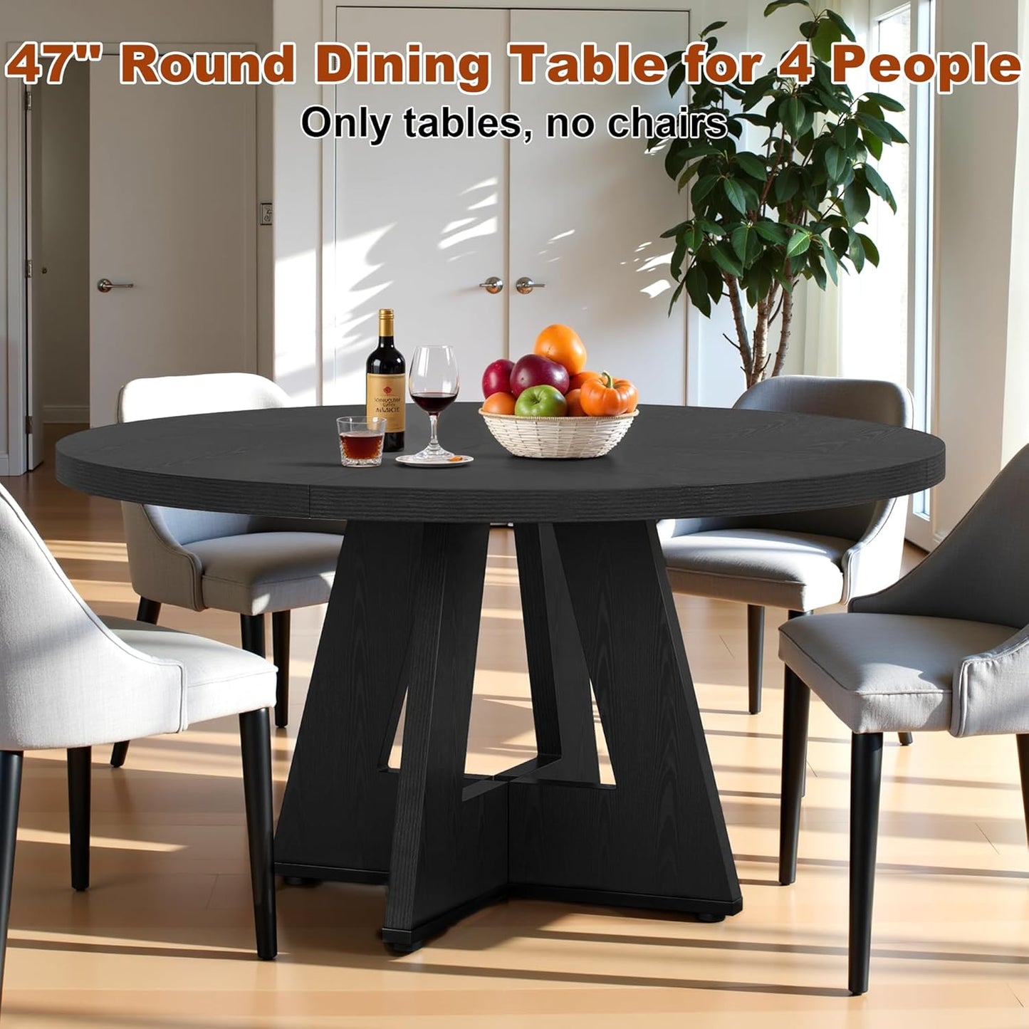 Round Dining Table for 4, 47 Inch Dinner Table Farmhouse Wooden Circle Kitchen Tables with Cross Base for Dining Room, Kitchen, Living Room, Black