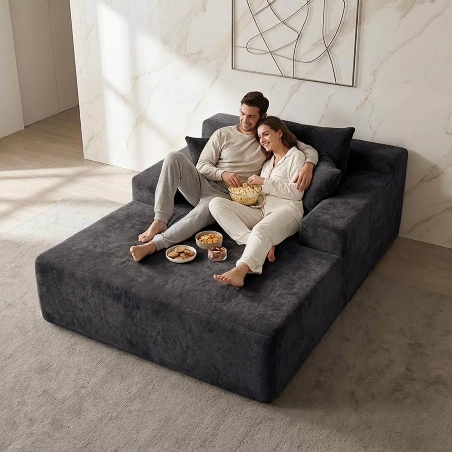 Chaise Lounge with Armrests, Oversized Sofa Bed with 3 Pillows, Cozy Boneless Couch, Sleeper Reading Chair for Living Room Bedroom, Floor Sofa Chenille, Furniture Sala, Black Onyx