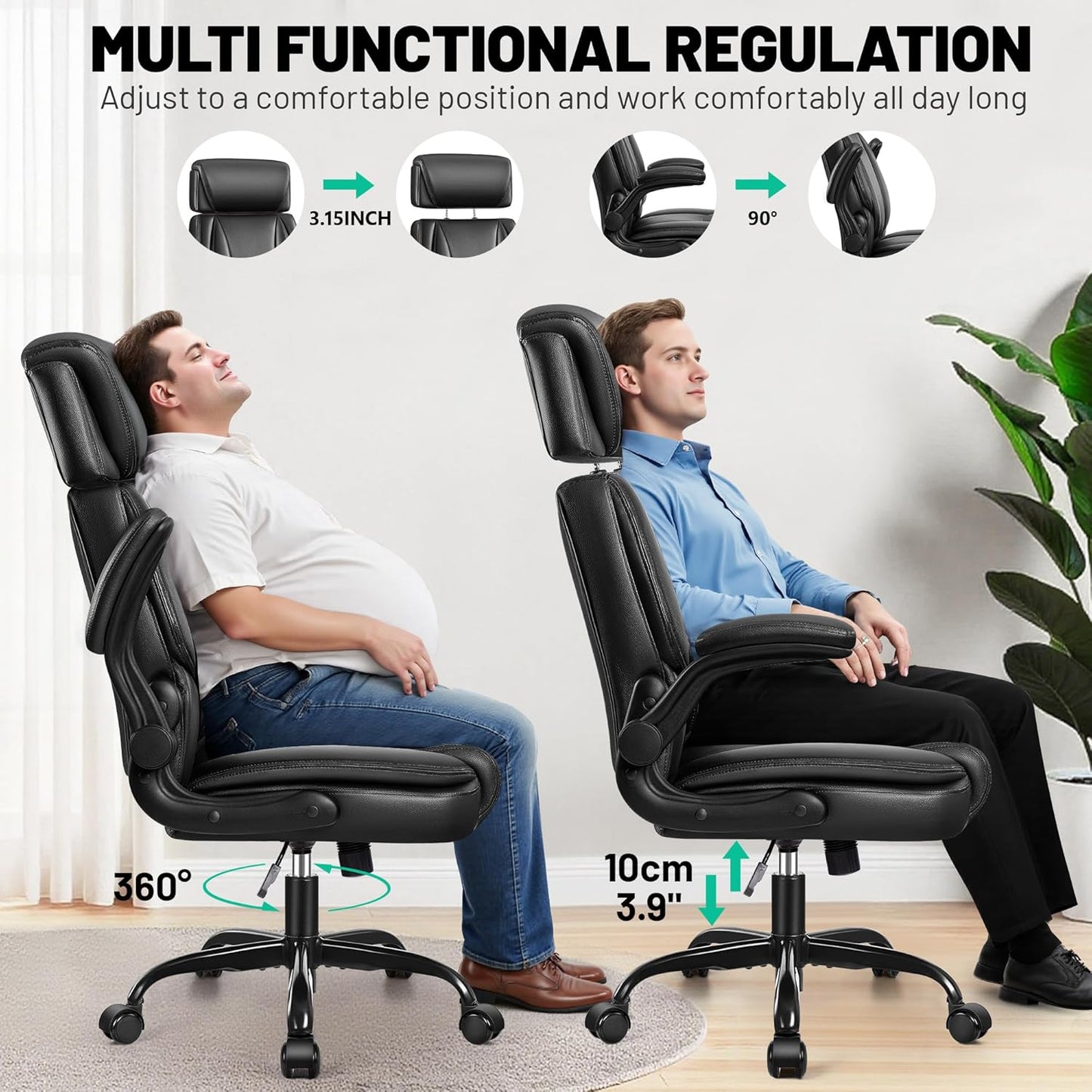 Office Chair, Ergonomic Desk Chair, Executive Leather Office Chairs with Lumbar Support, Adjustable Headrest & Armrests, Big and Tall Computer Chair, PC Chair with Rocking Function