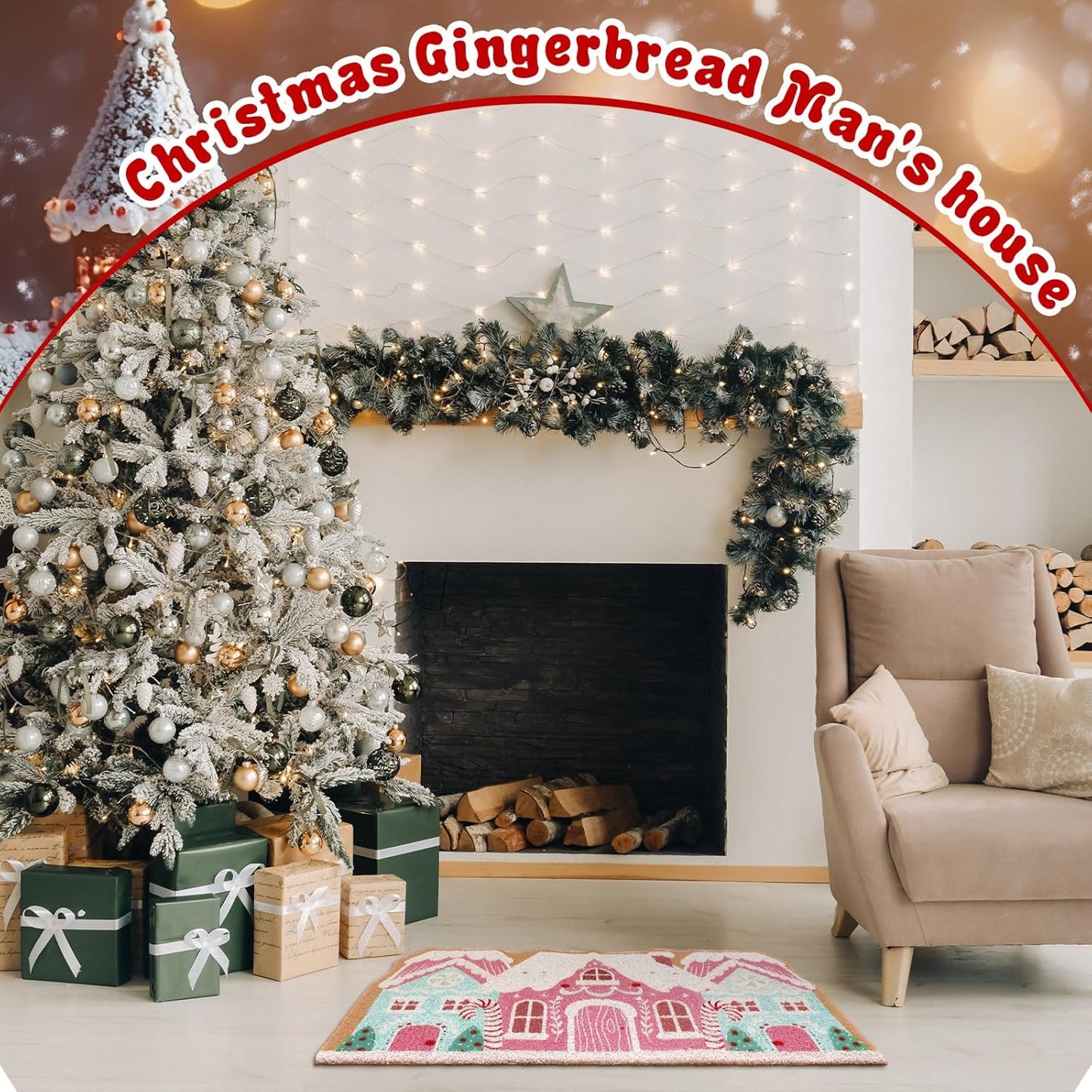 Pink Christmas Gingerbread House Doormat 23.6 X 13.7 Inch Pastel Christmas Welcome Doormat Cute Gingerbread Artificial Coir Non Slip Entrance Rugs for Indoor Outdoor Bathroom Kitchen Decor