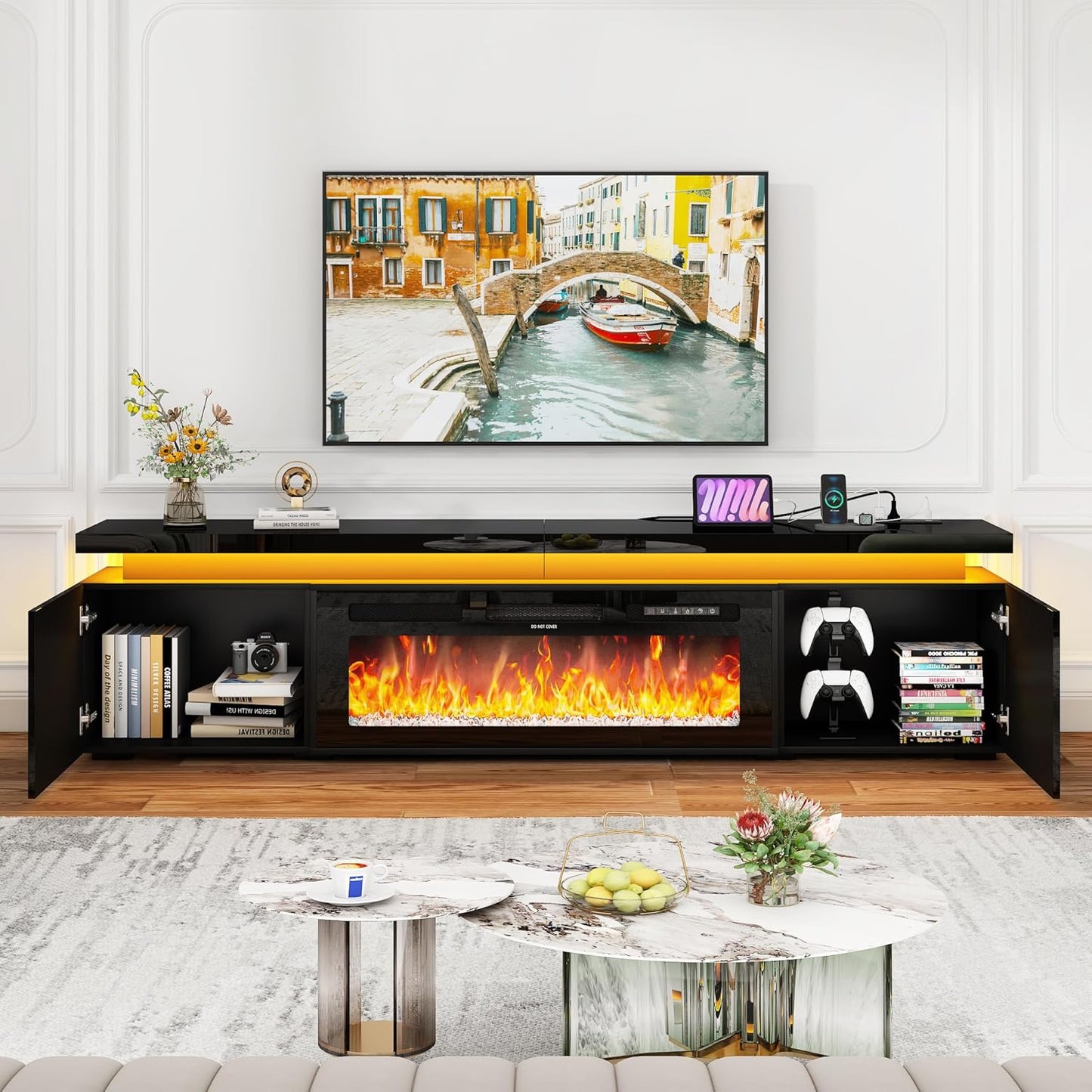 Fireplace TV Stand for 95" TV, 83" LED TV Stand with 40" Electric Fireplace & Power Outlet, High Gloss Surface, 2 Storage Cabinet, Modern Style (83 Inch, Black