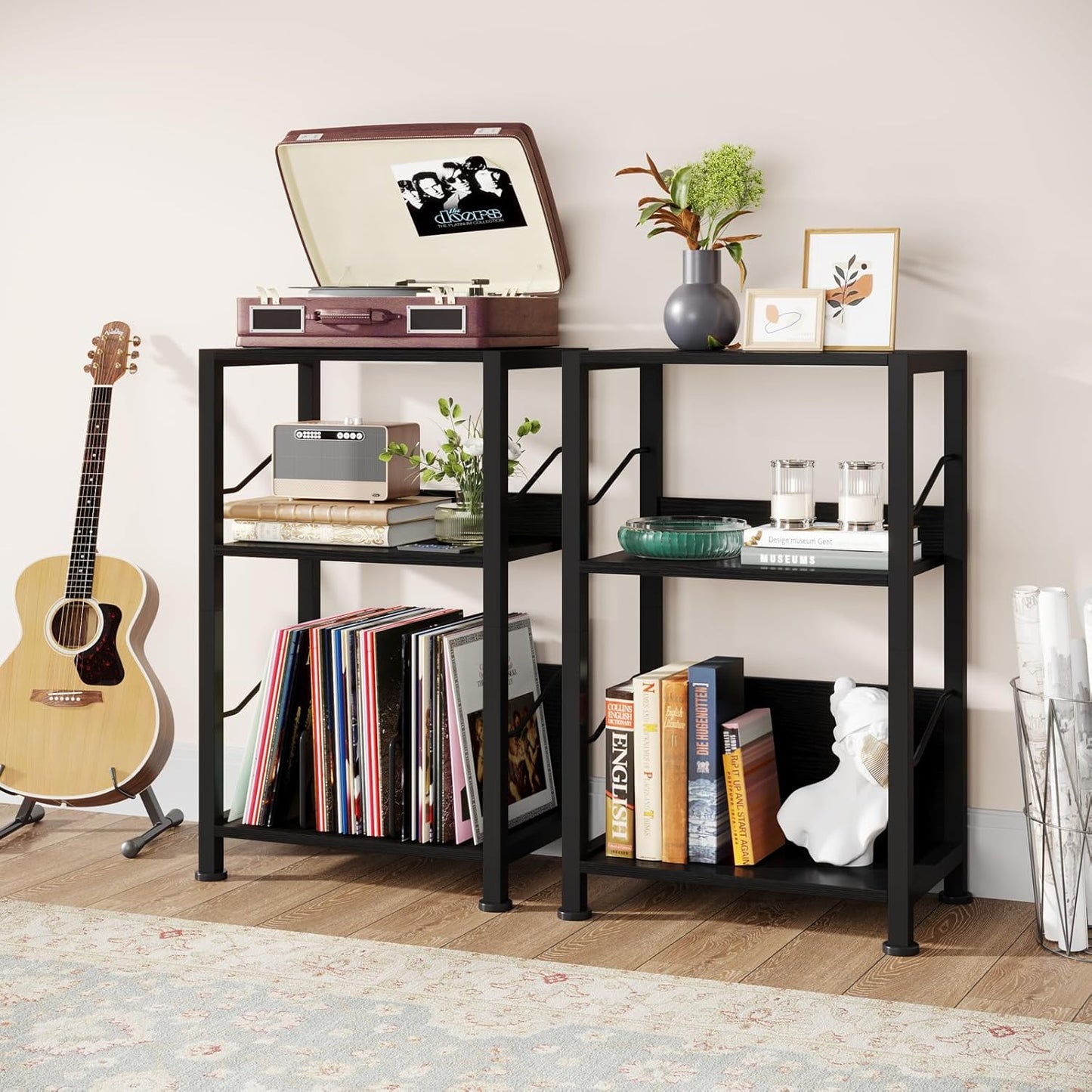3 Tier Record Player Stand, Retro Vinyl Record Storage End Table Records for Living Room Bedroom (Black)
